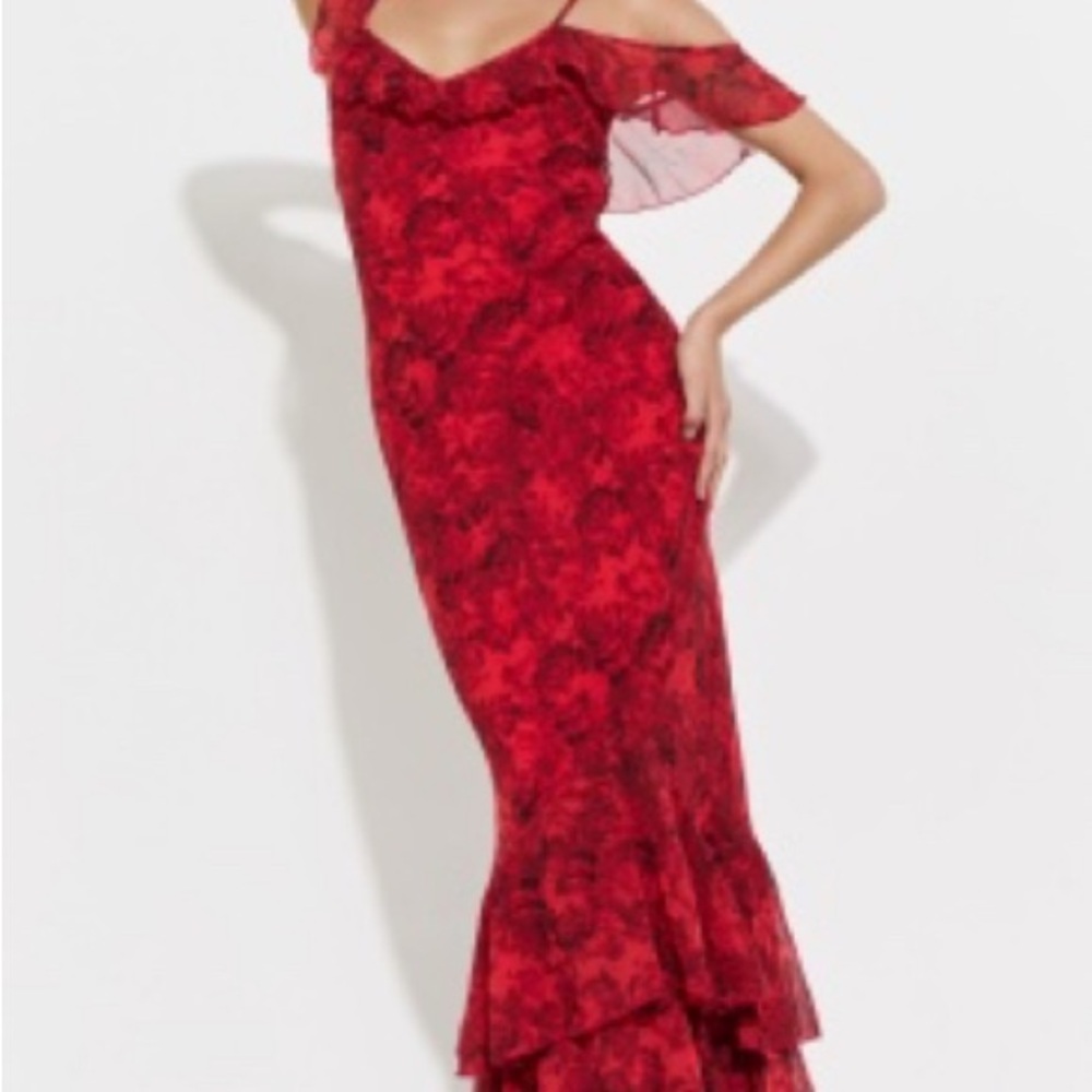 Elegant Red Floral Off-Shoulder Dress